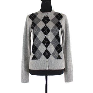 J. Crew Cashmere Grey Black Argyle Crewneck Cardigan Medium Button Front Sweater